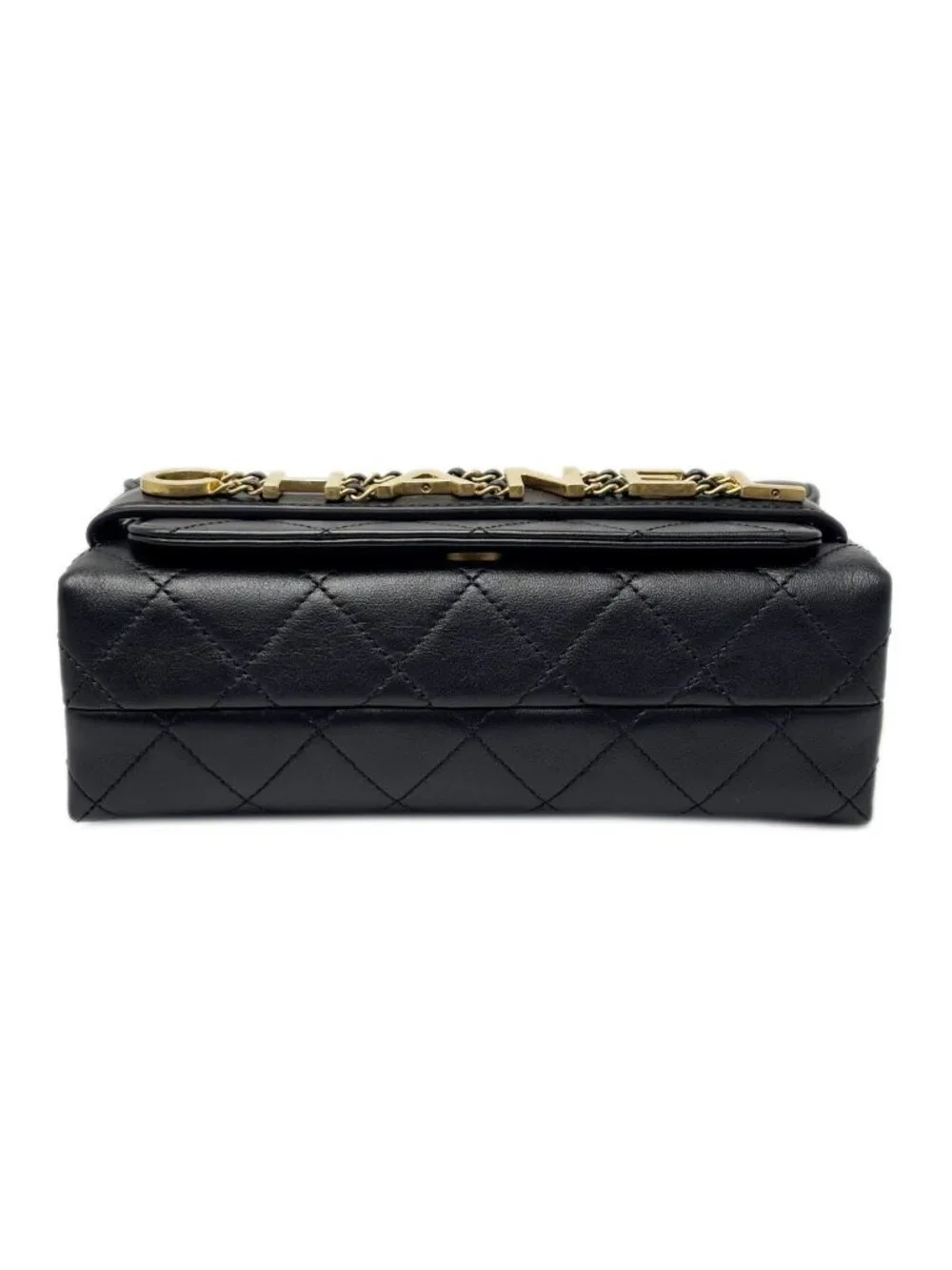 Chanel Shoulder Bag Quilted Logo Chain Black Gold Lambskin